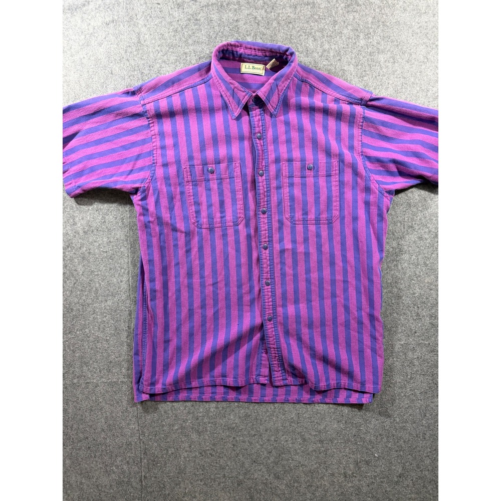 VTG 80s L.L. Bean Cool Weave Shirt Mens Large Purple Striped Short Sleeve USA